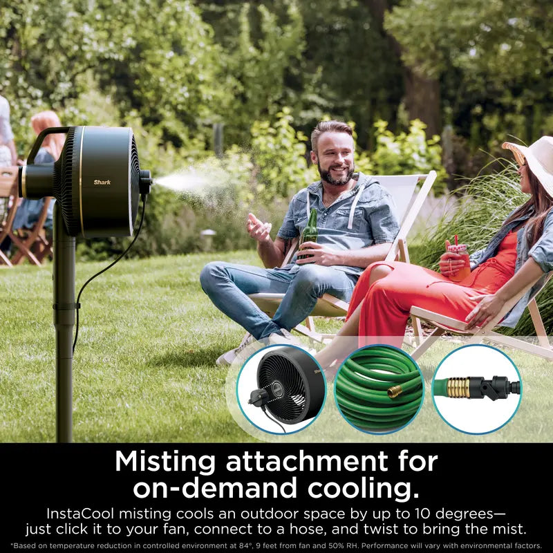 Portable Misting Fan with Rechargeable Battery, 24H Runtime, Powerful Airflow, Outdoor Cooling Fan with Hose Attachment & Adjustable Stand