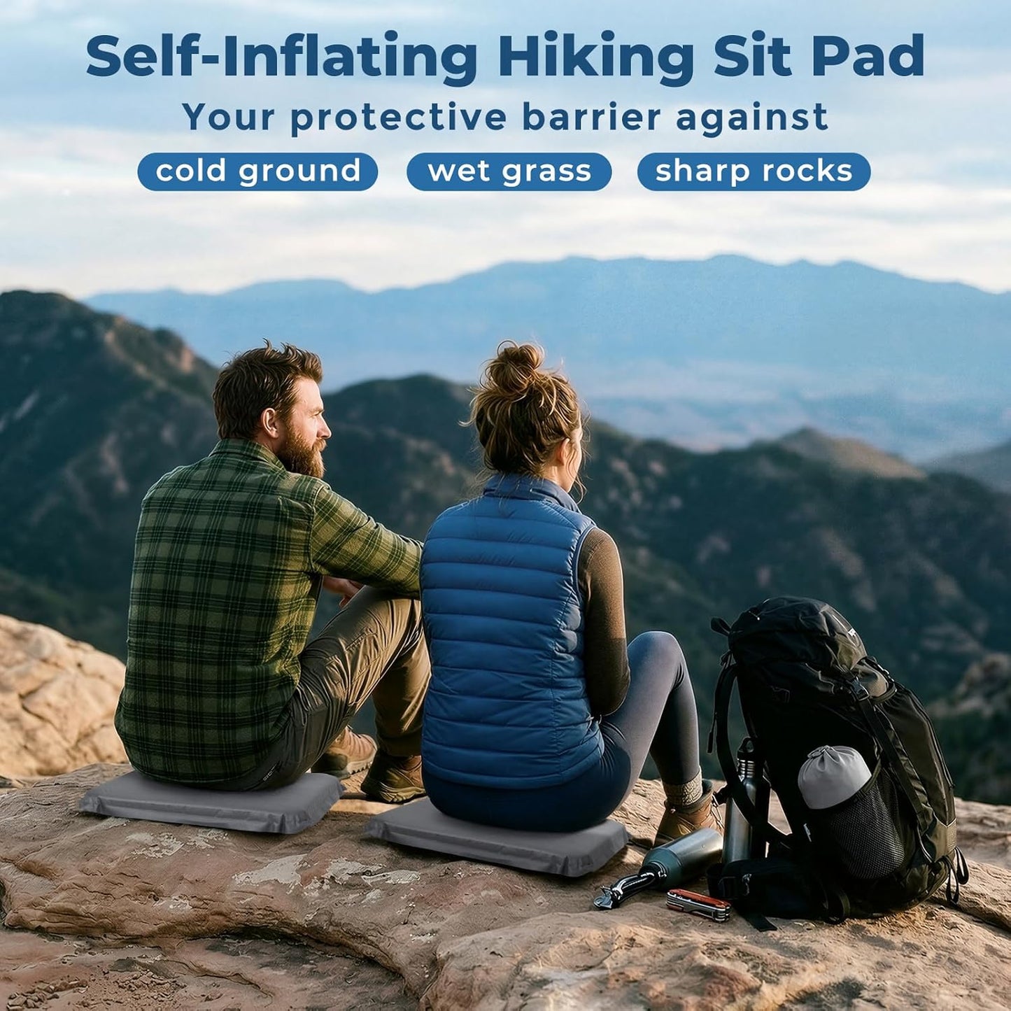 2-Pack Self-Inflating Seat Cushion, 16x13 inches Portable Foam Sit Pad with Adjustable Firmness for Airplane Travel, Long Flights, Stadium Bleachers, Hiking, Camping & Office Chairs - Gray